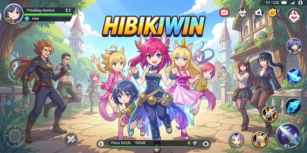 Tampilan gameplay HIBIKIWIN yang penuh warna dan dinamis.