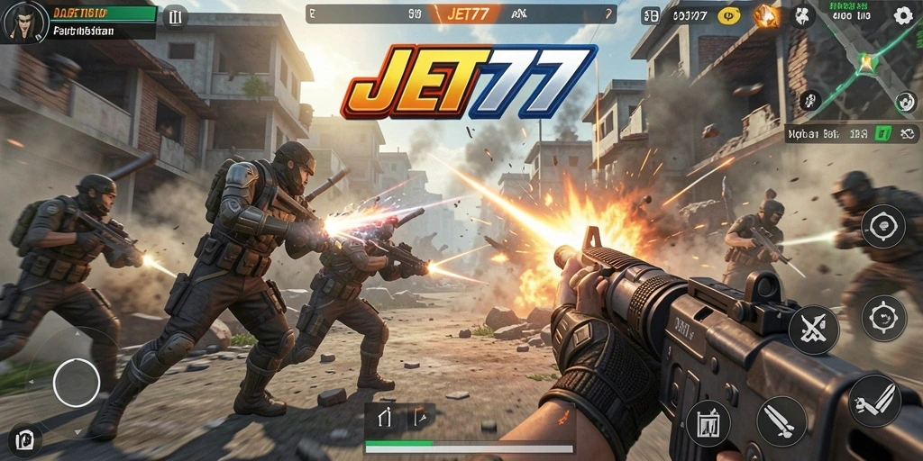 Tampilan gameplay seru dalam JET77 dengan aksi pertempuran TPS.