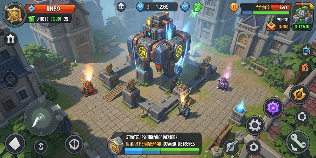 Tampilan gameplay JIN69 menampilkan menara yang siap menghadapi serangan musuh.