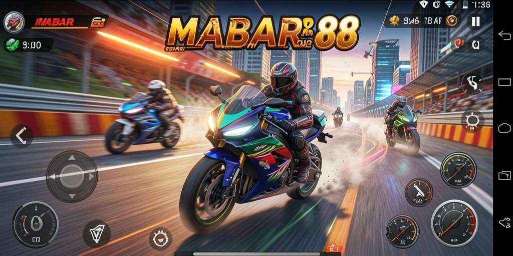 Screenshot gameplay MABAR88 menampilkan aksi balap motor yang mendebarkan.