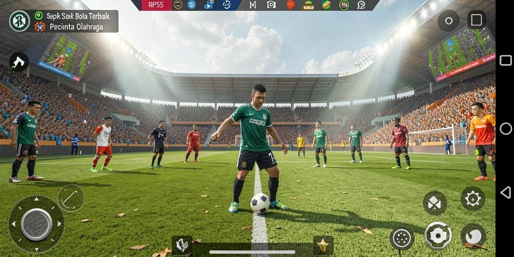 Tampilan screenshot utama RP55 menunjukkan aksi seru pertandingan sepak bola.