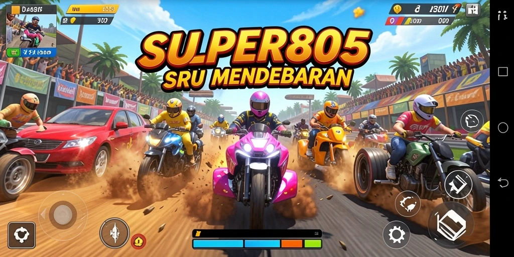 Tangkapan layar SUPER805 menampilkan aksi balapan mendebarkan di trek penuh tantangan.